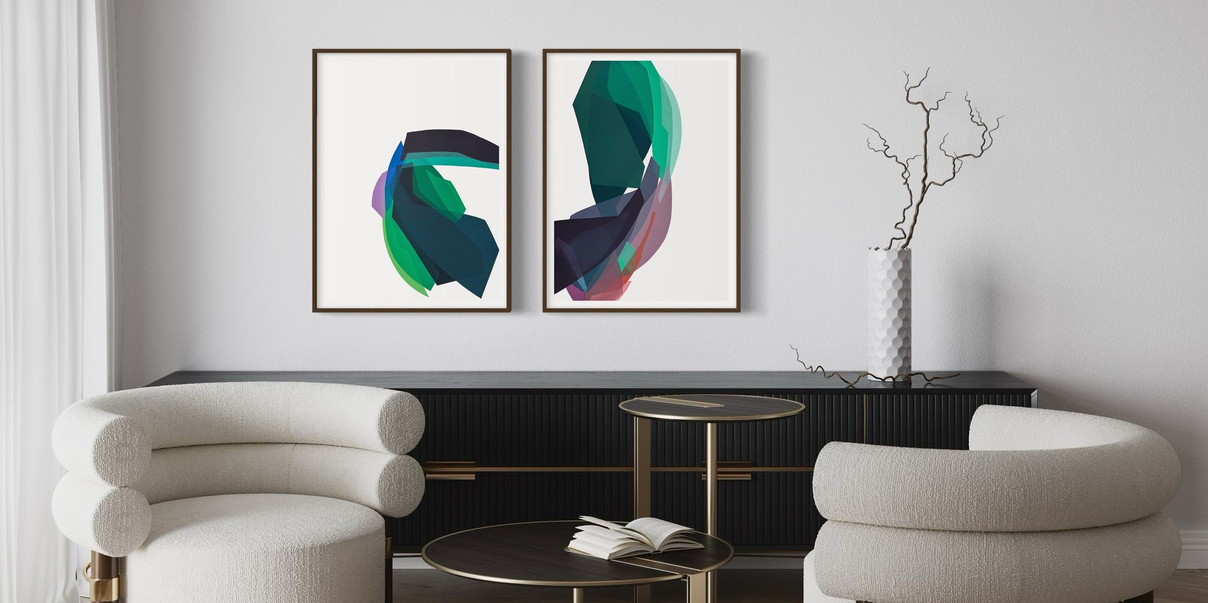 In situ image. Two framed unique state block prints created by artist Kellie Fergusson in 2024